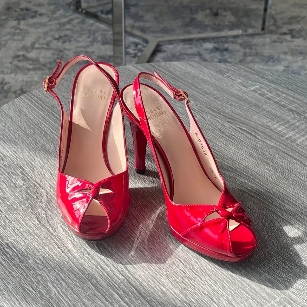 Stuart Weitzman Red Patent Leather Slingback Peep Toe Heels 6.5M NEW - Picture 2 of 8